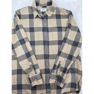 American Eagle Mens Flannel Shirt Tan Grey Buffalo Plaid Long Sleeve Medium